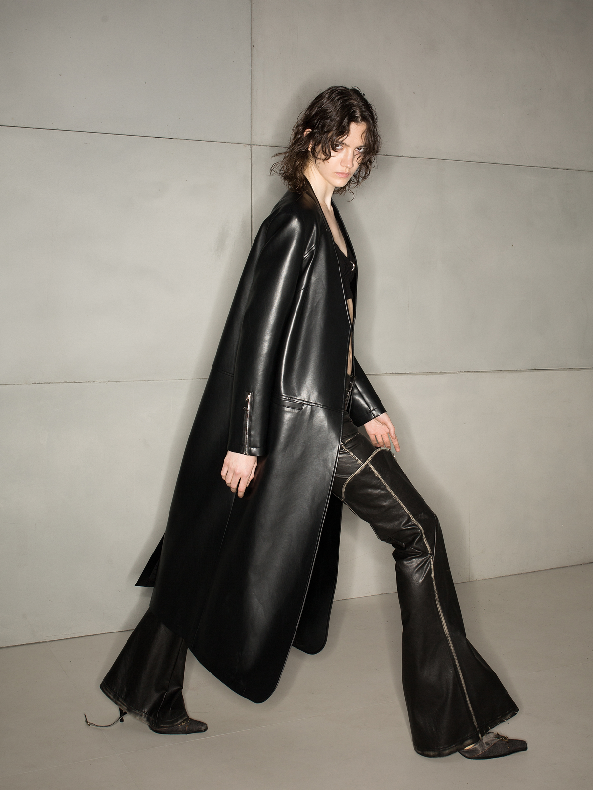 NORTH NODE Avant-Garde Leather Matrix Coat - Jet Black