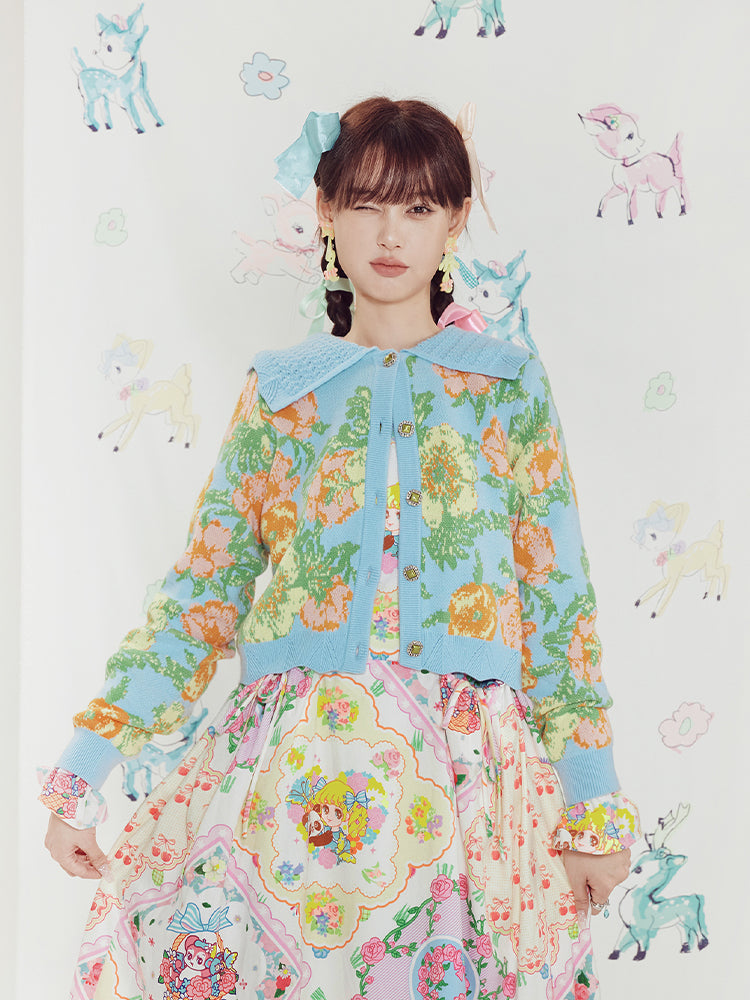 Blue Floral Knit Cropped Cardigan