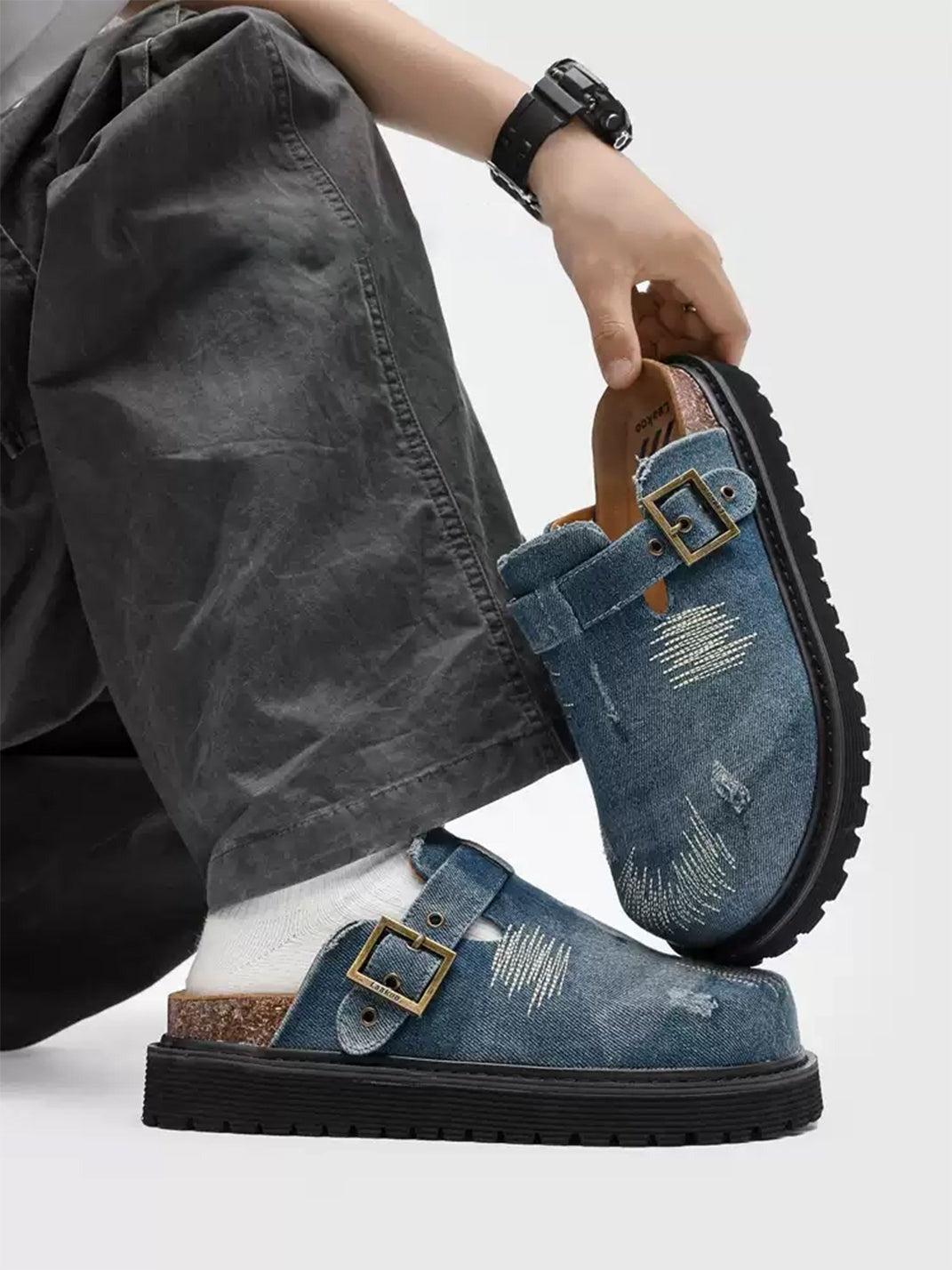 Distressed Denim Stitch Detail Buckle Strap Platform Mule Clogs image 4