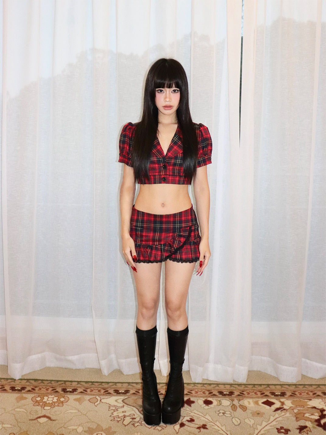Low-waist Tie Strap Red Plaid Skirt