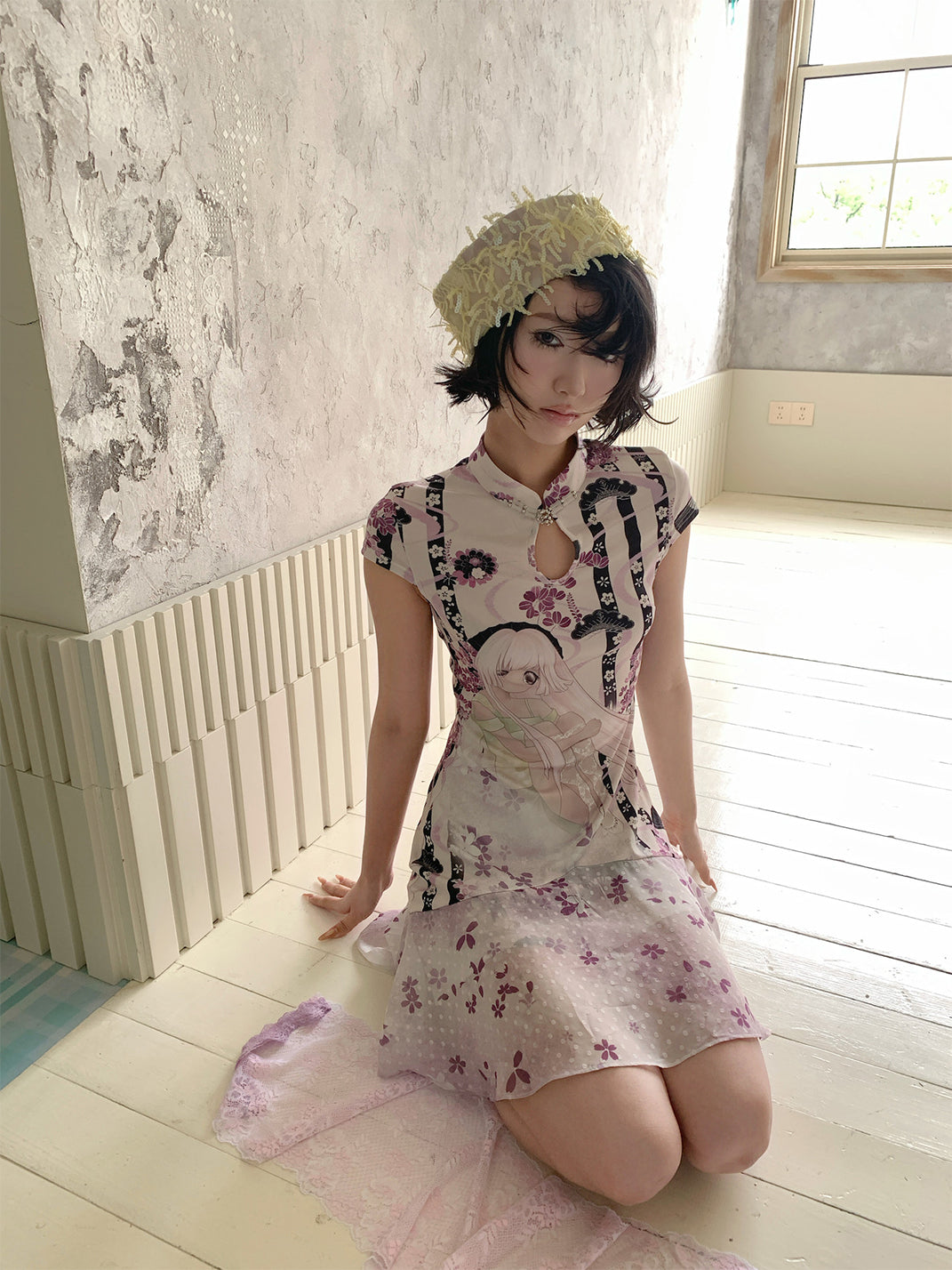 Spliced Collar Print Cheongsam Dress