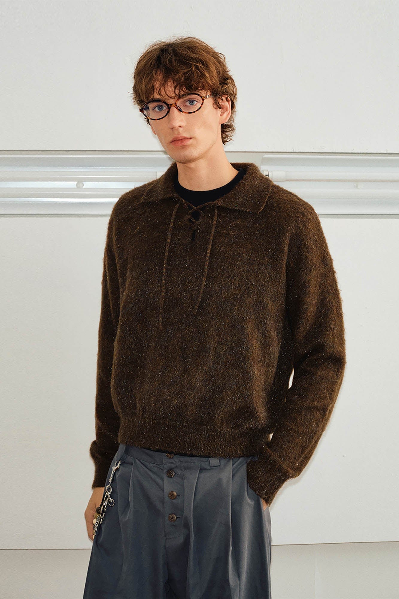 Brown Lace-Up Mohair Sweater