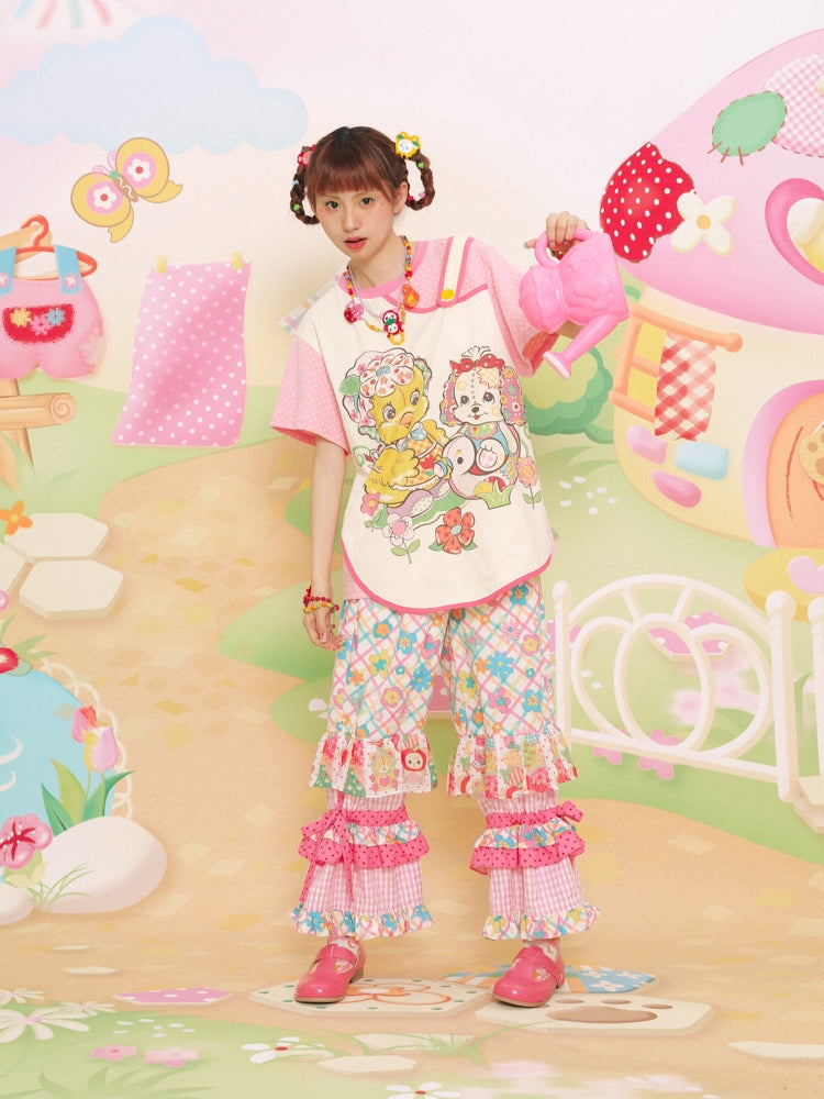 Sweet Floral Ruffle Layered Pants
