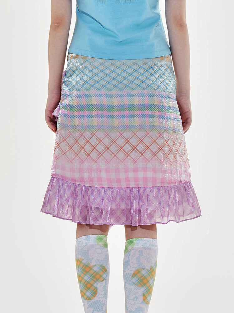 Pastel Plaid Ruffle Asymmetric Midi Skirt