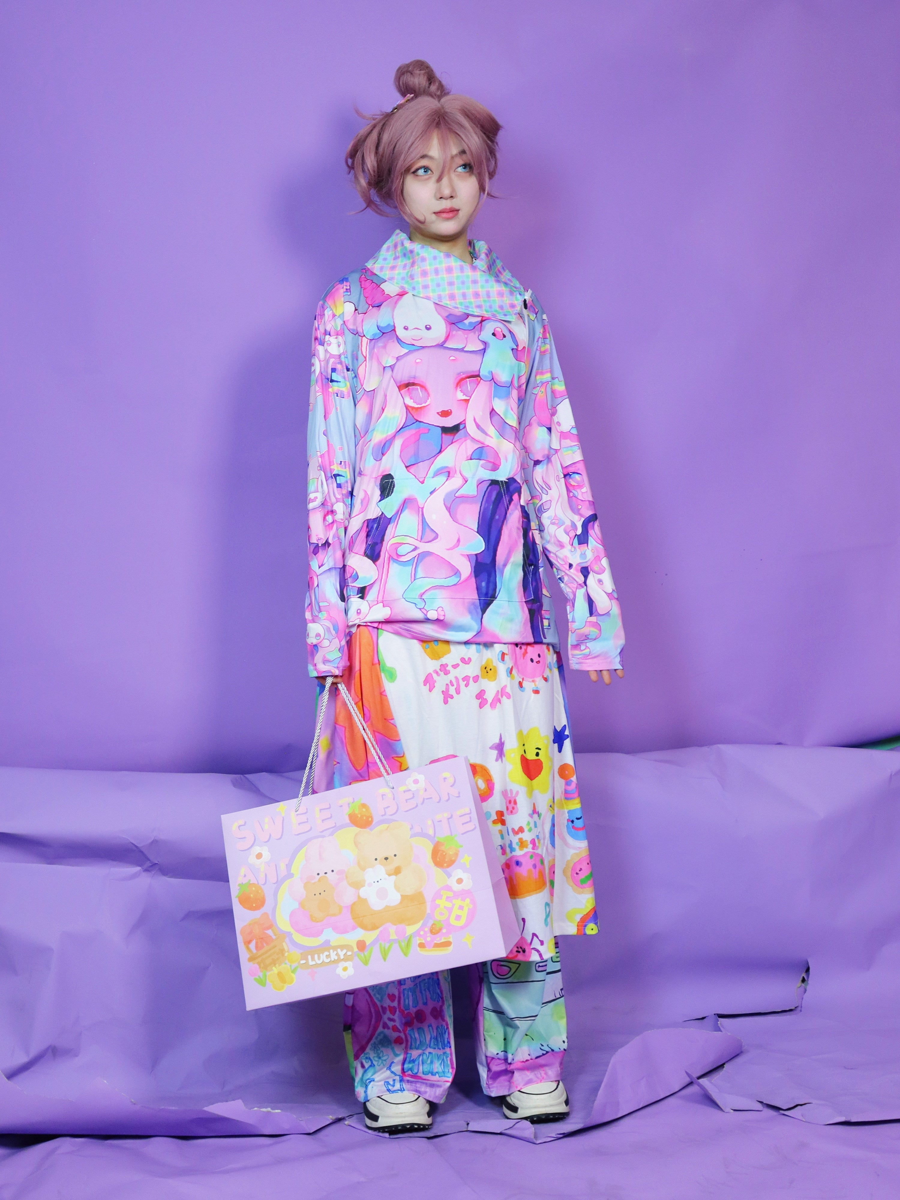 Kawaii Print Mesh Collar Sweatshirt