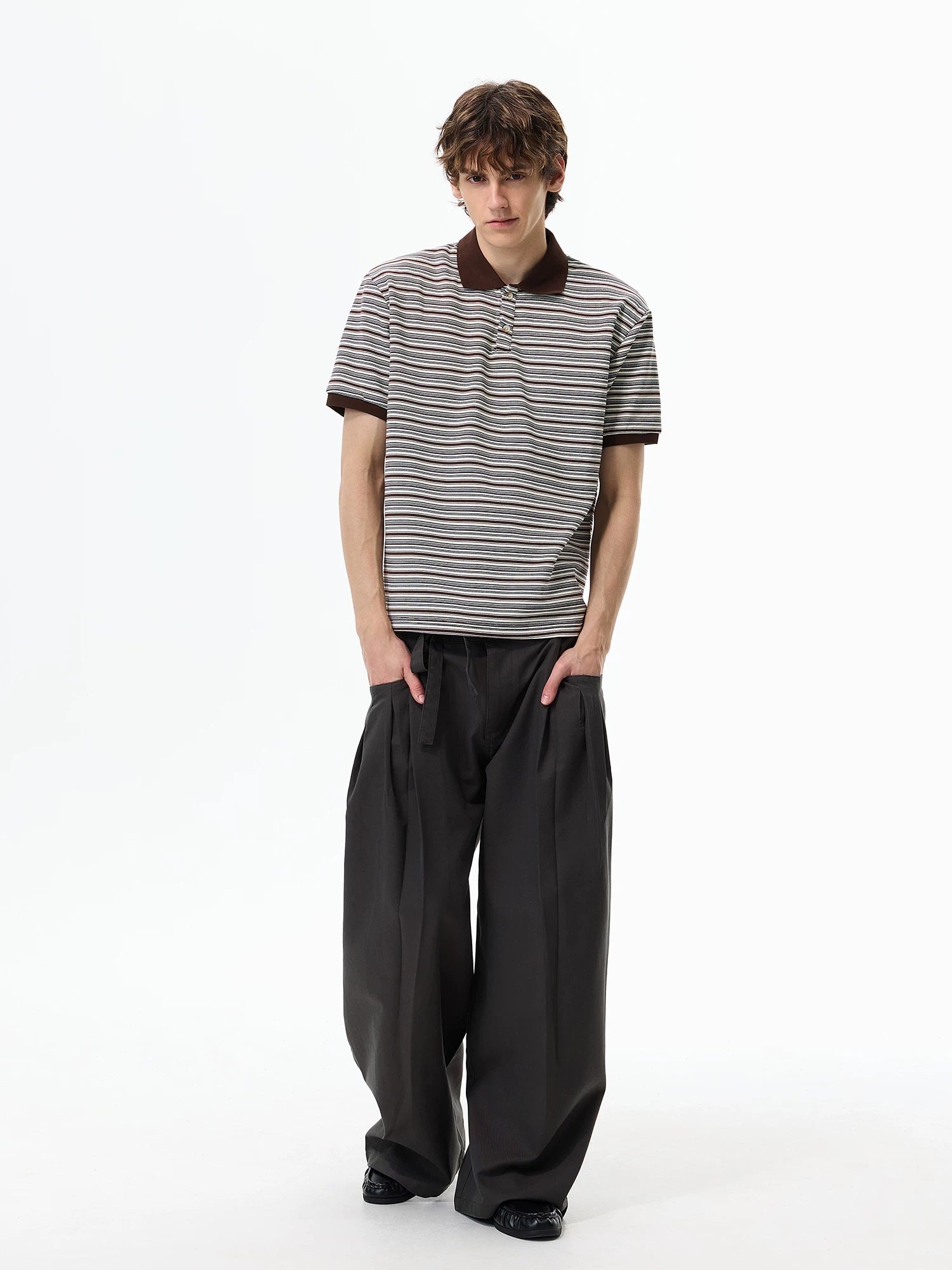 Retro Contrast-Stripe Polo T-Shirt Brown full-length view