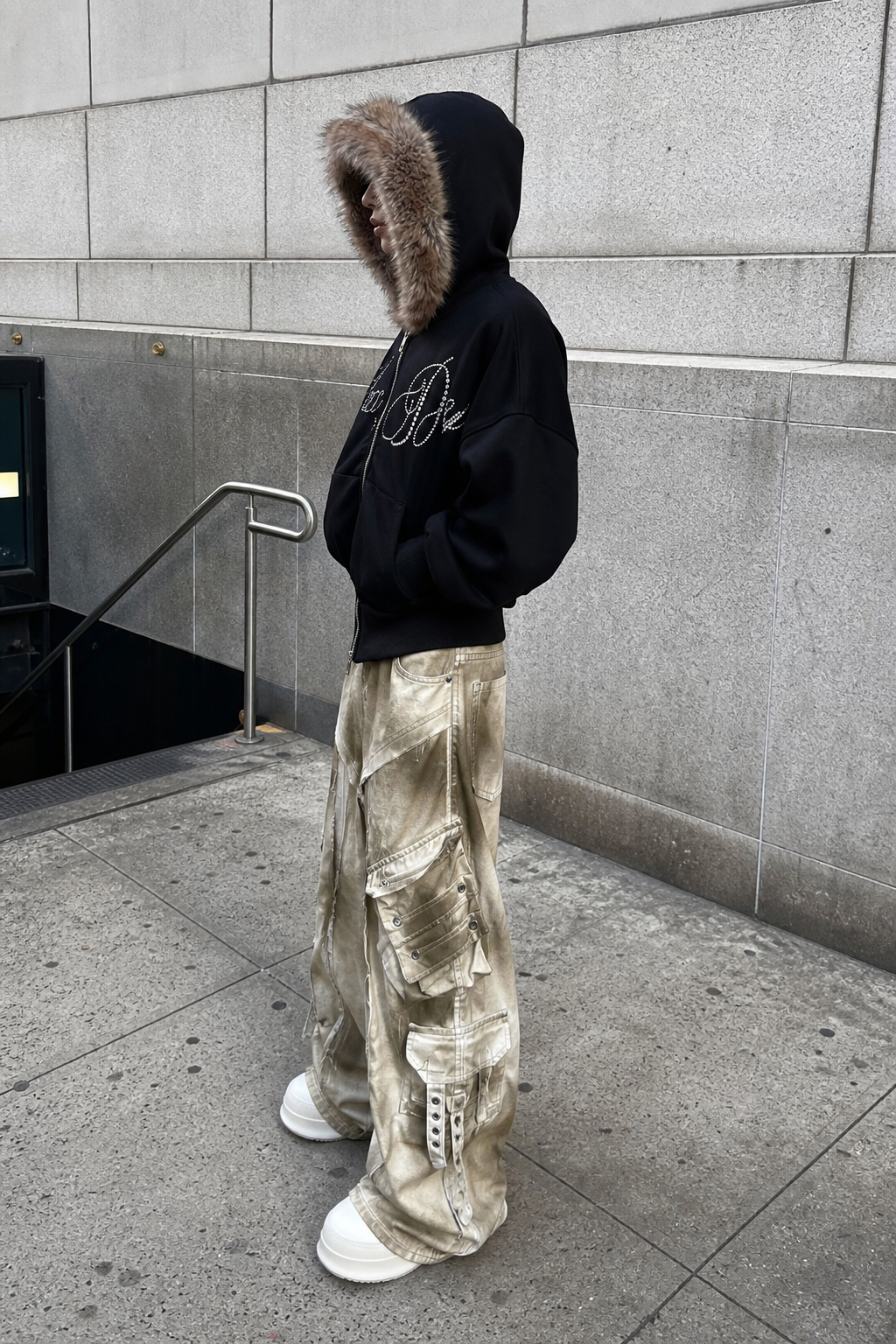 Men's Faux-Fur Hooded Rhinestone Letter Zip-Up Hoodie showcase 4