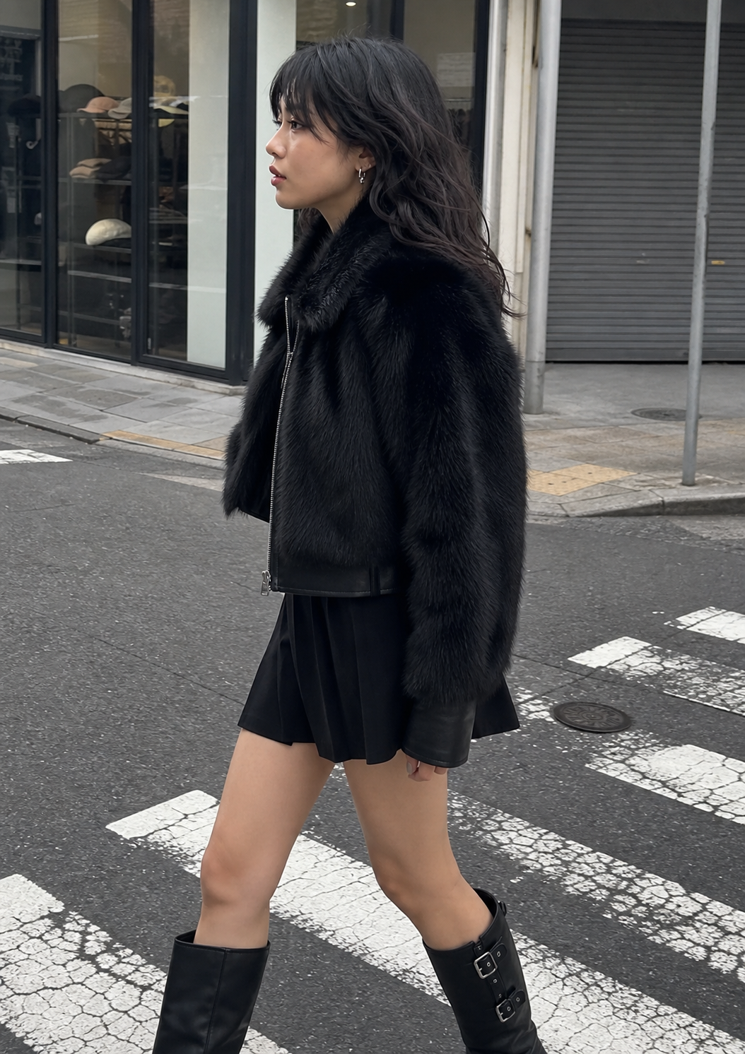 Black Faux Fur Bomber Jacket showcase 4
