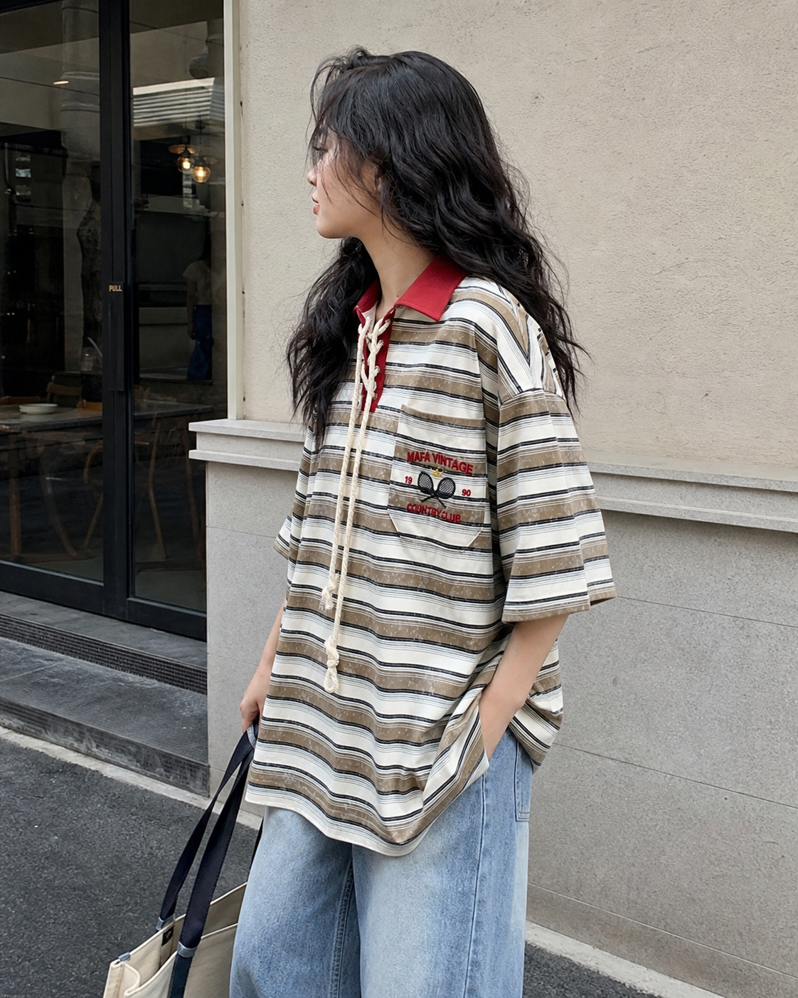 Striped Lace-Up Collar Rugby Shirt showcase 4