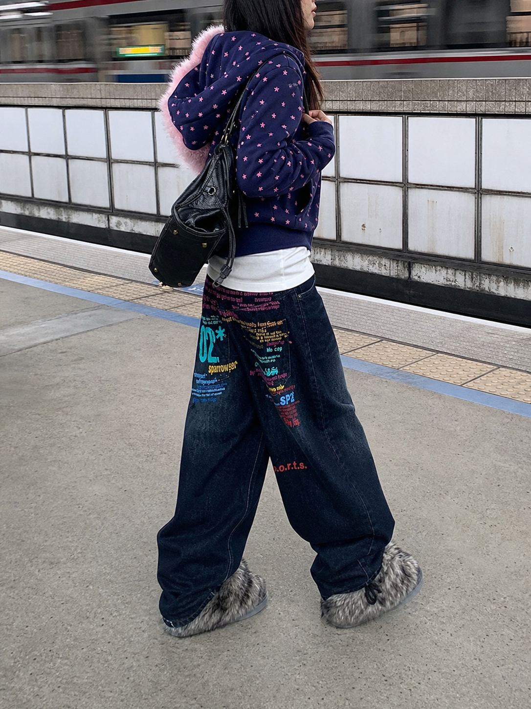 Neon Cipher Graffiti Wide-Leg Jeans showcase 4