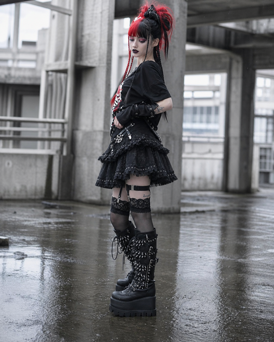 Gothic Lolita Tiered Ruffle Mini Skirt with Floral Lace and Studded Trim showcase 4