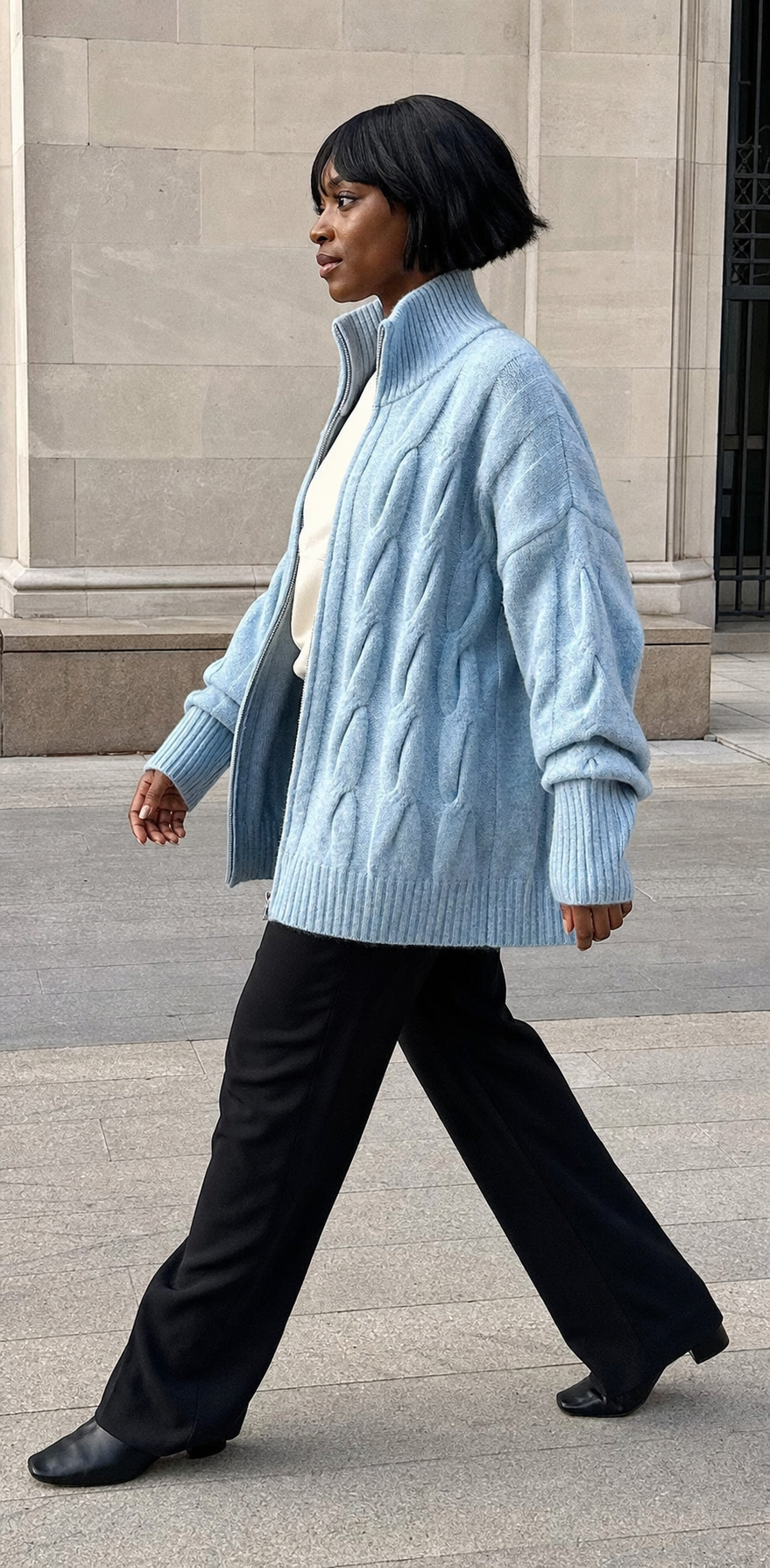 Ribbed Trim Cable Knit Zip-Up Cardigan showcase 4