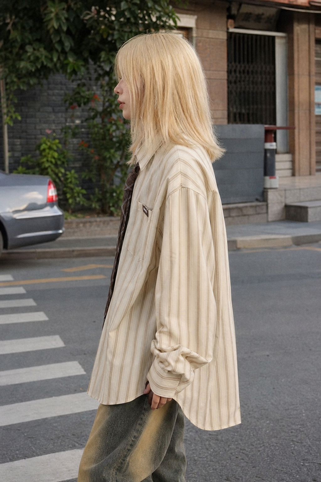 Oversized Striped Button-Up Long Sleeve Shirt showcase 4