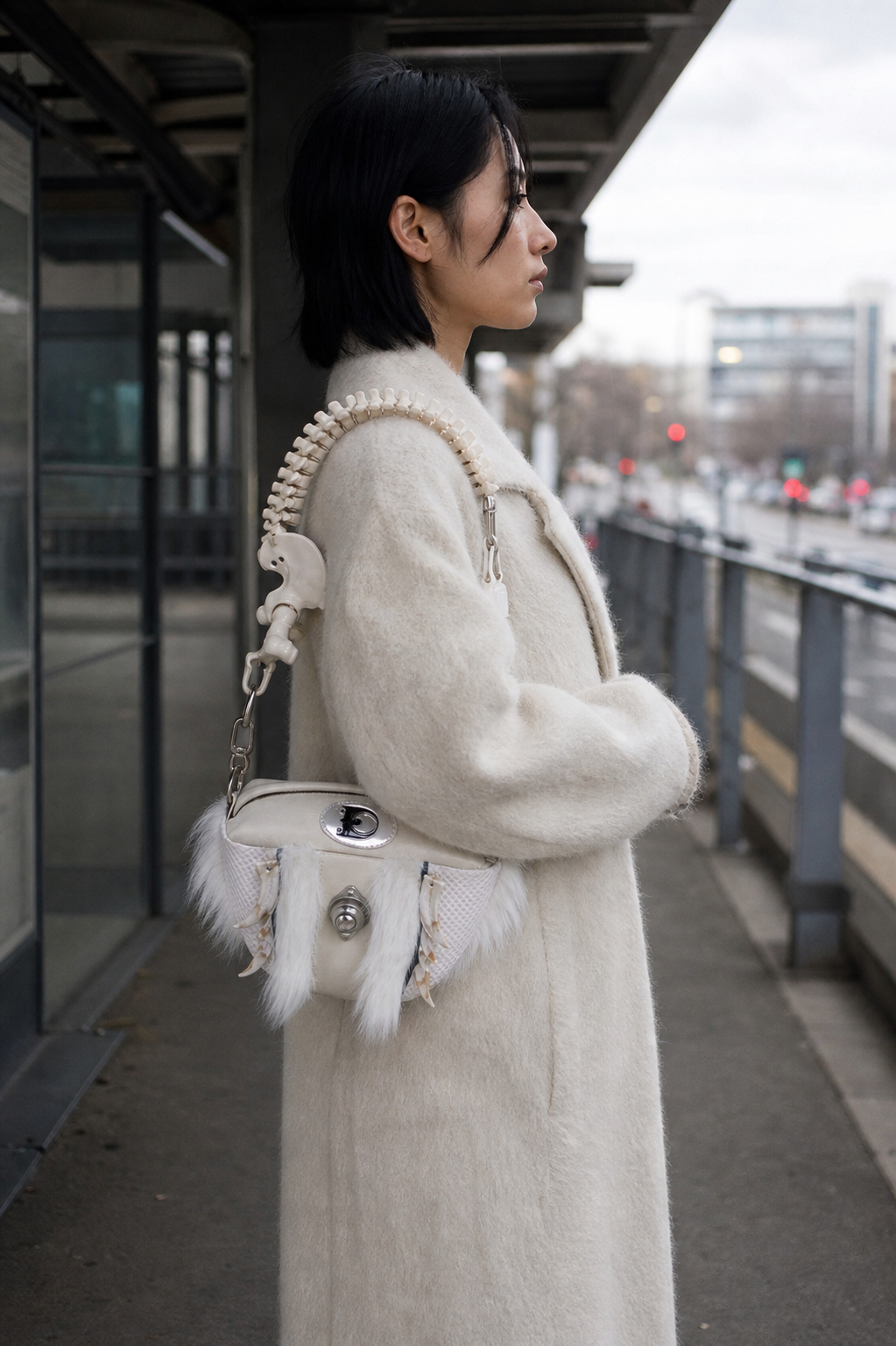 Faux Bone Handle White Fur Bag showcase 4