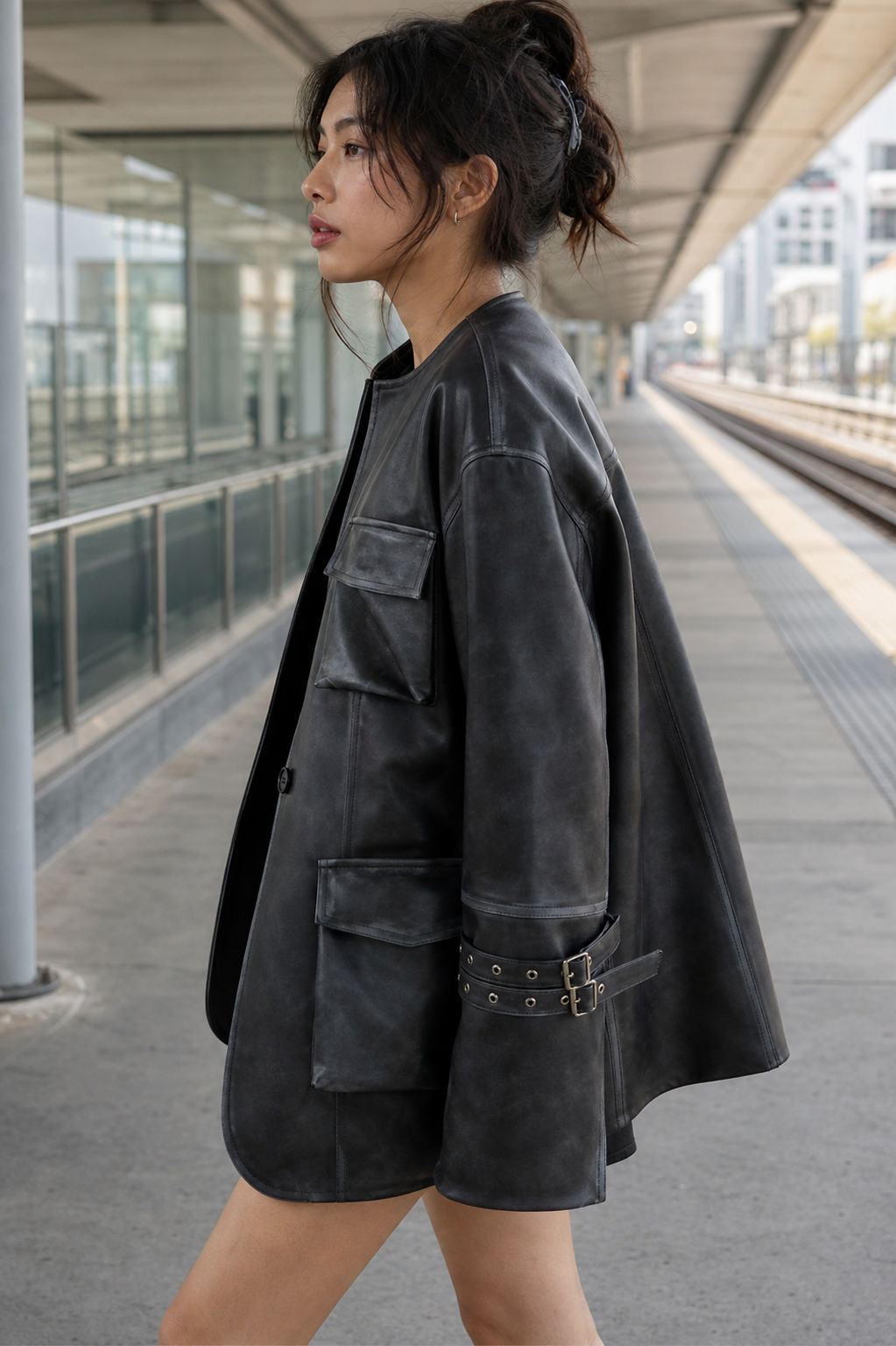 Vintage Pu Leather 3D Pocket No-Collar Jacket showcase 4
