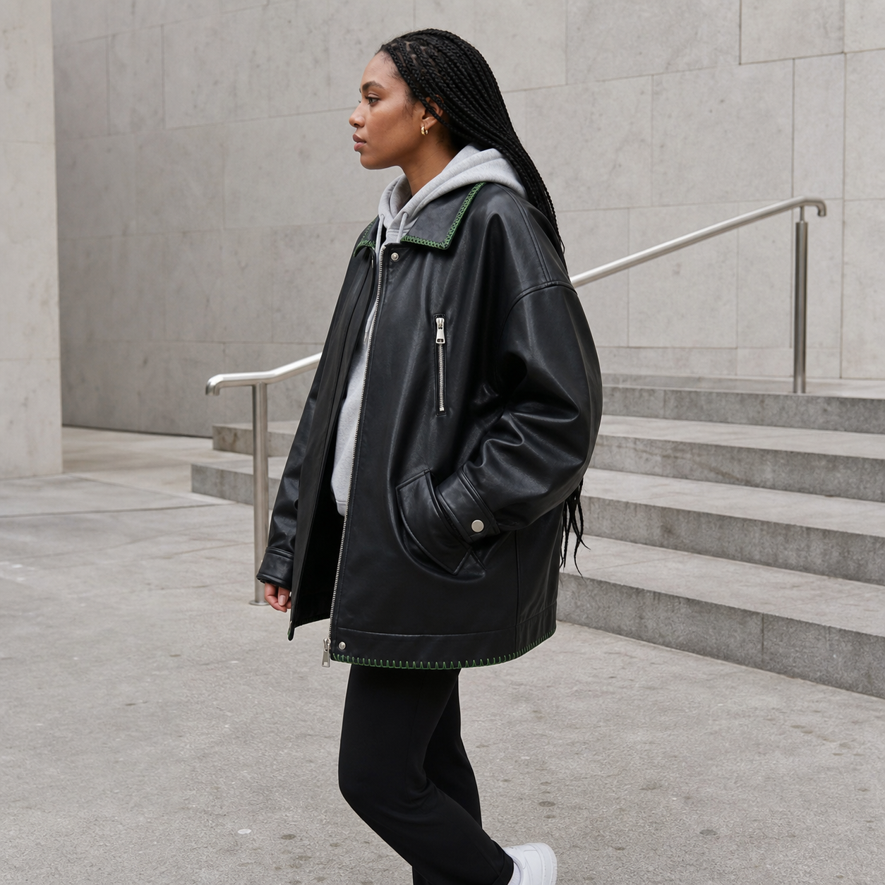Black Leather Jacket , Loose Slimming Biker Style Pu Jacket showcase 4