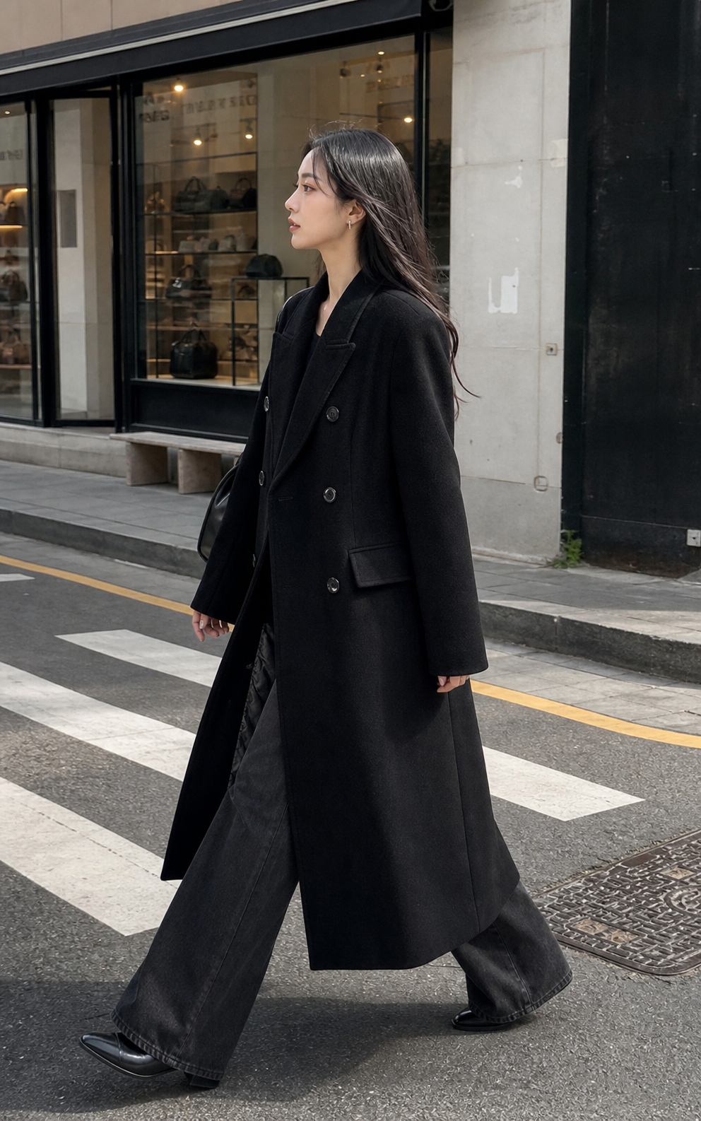 Double-Breasted Wool Long Coat - Slim Waist Tailored Winter Outerwear showcase 4