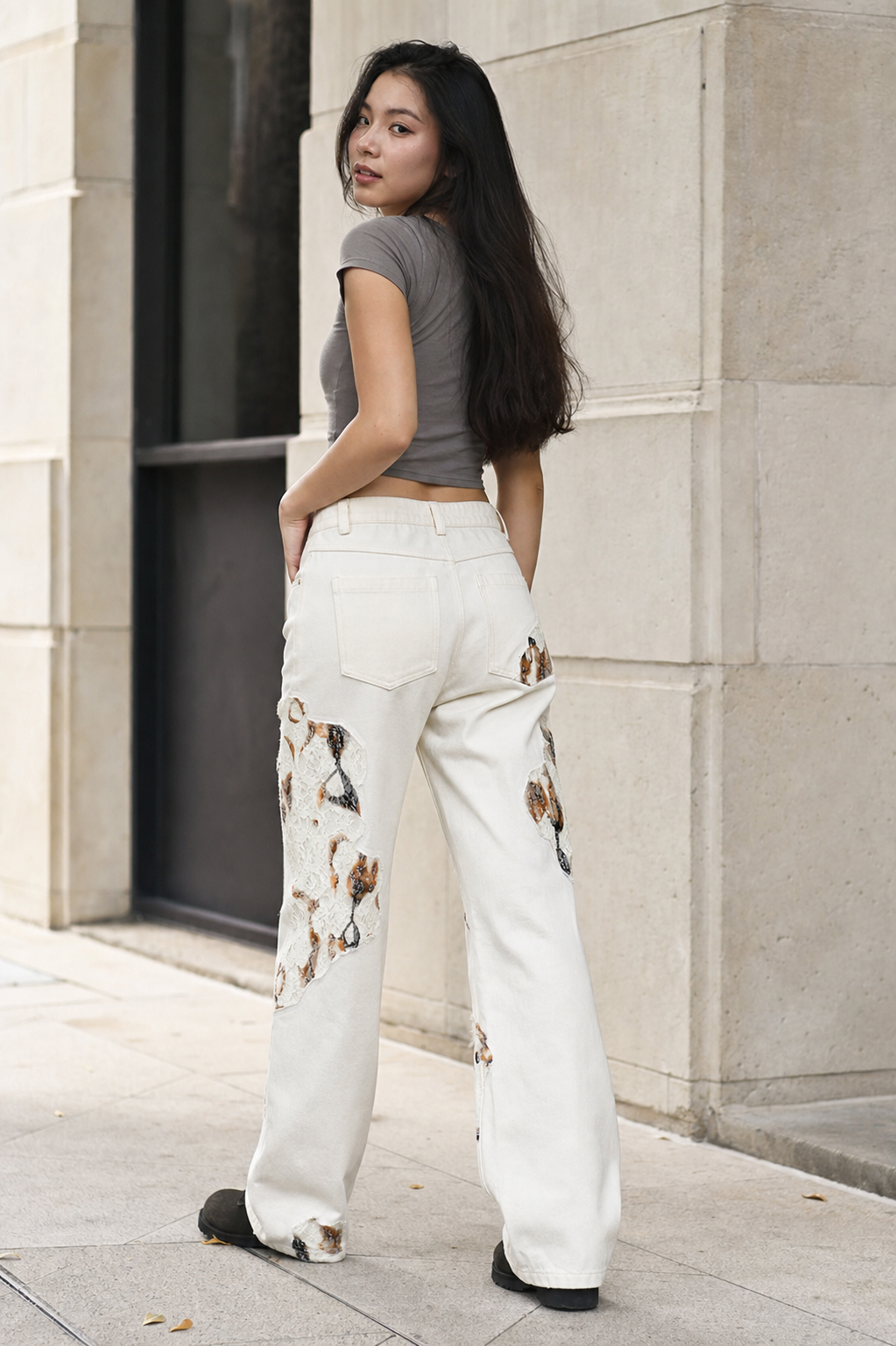 Mixed Lace Panel Denim Pants showcase 4