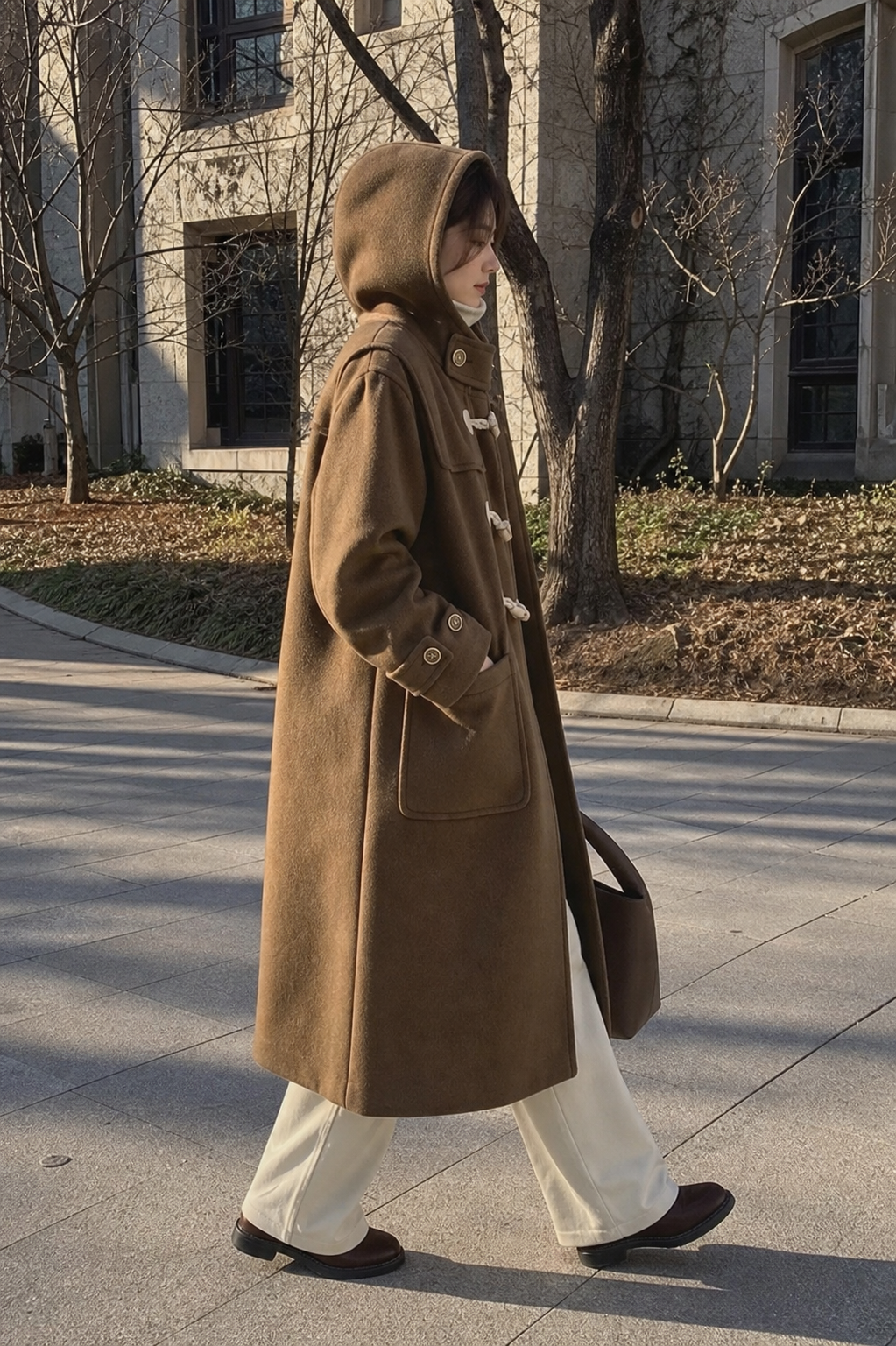 Winter Thicken College Style Hooded Mid-Length Melton Wool Coat showcase 4