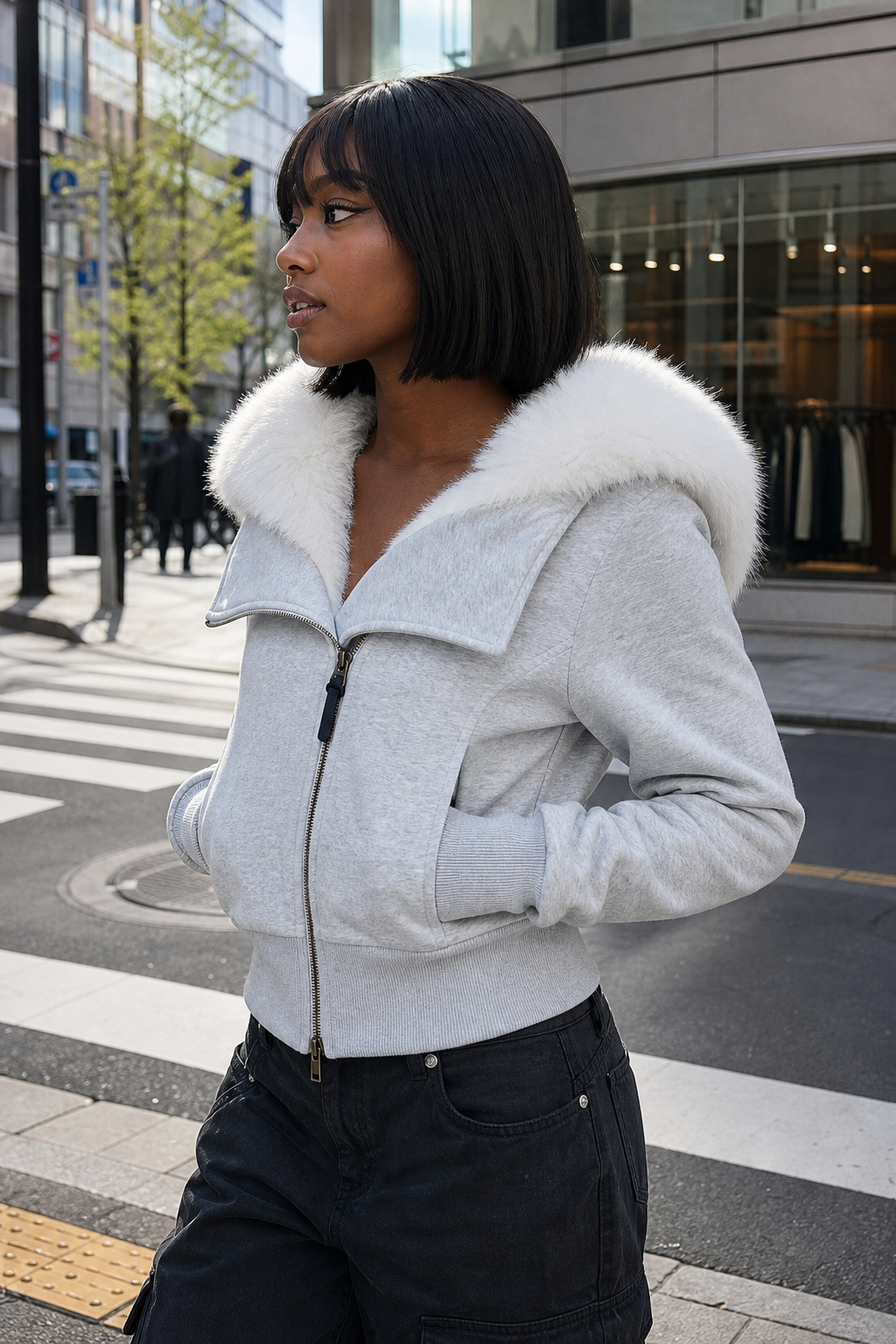 Zip-Up Hoodie with White Faux Fur Hood Trim showcase 4