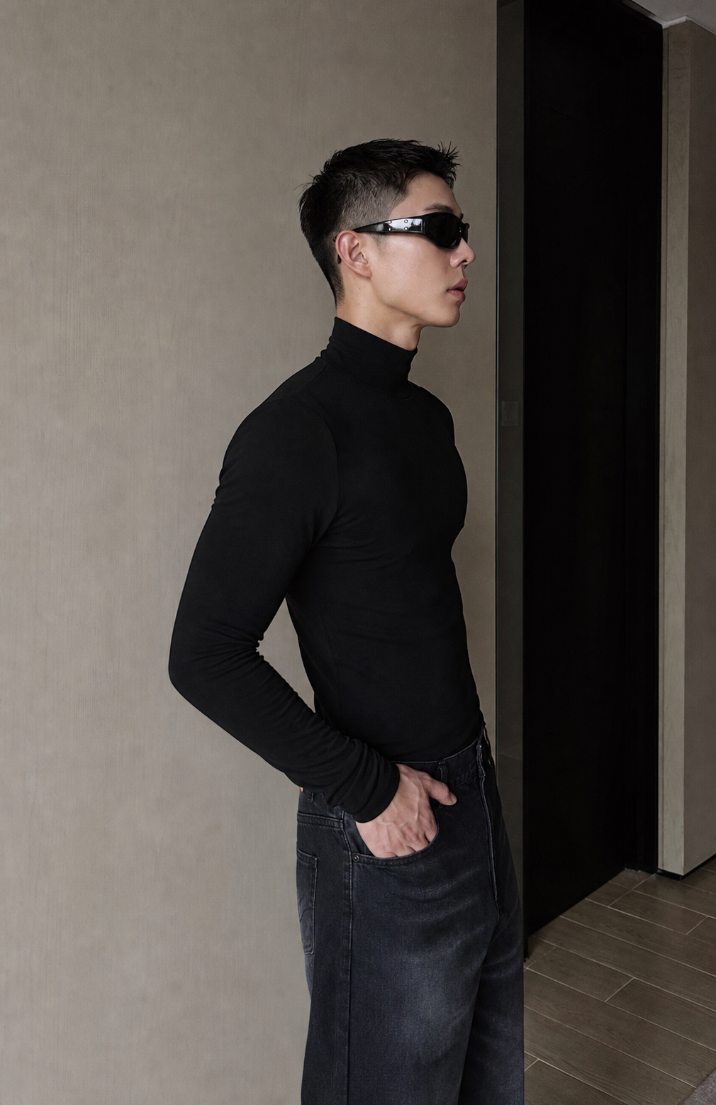 Black Mock Neck Long Sleeve Fitted Top showcase 4