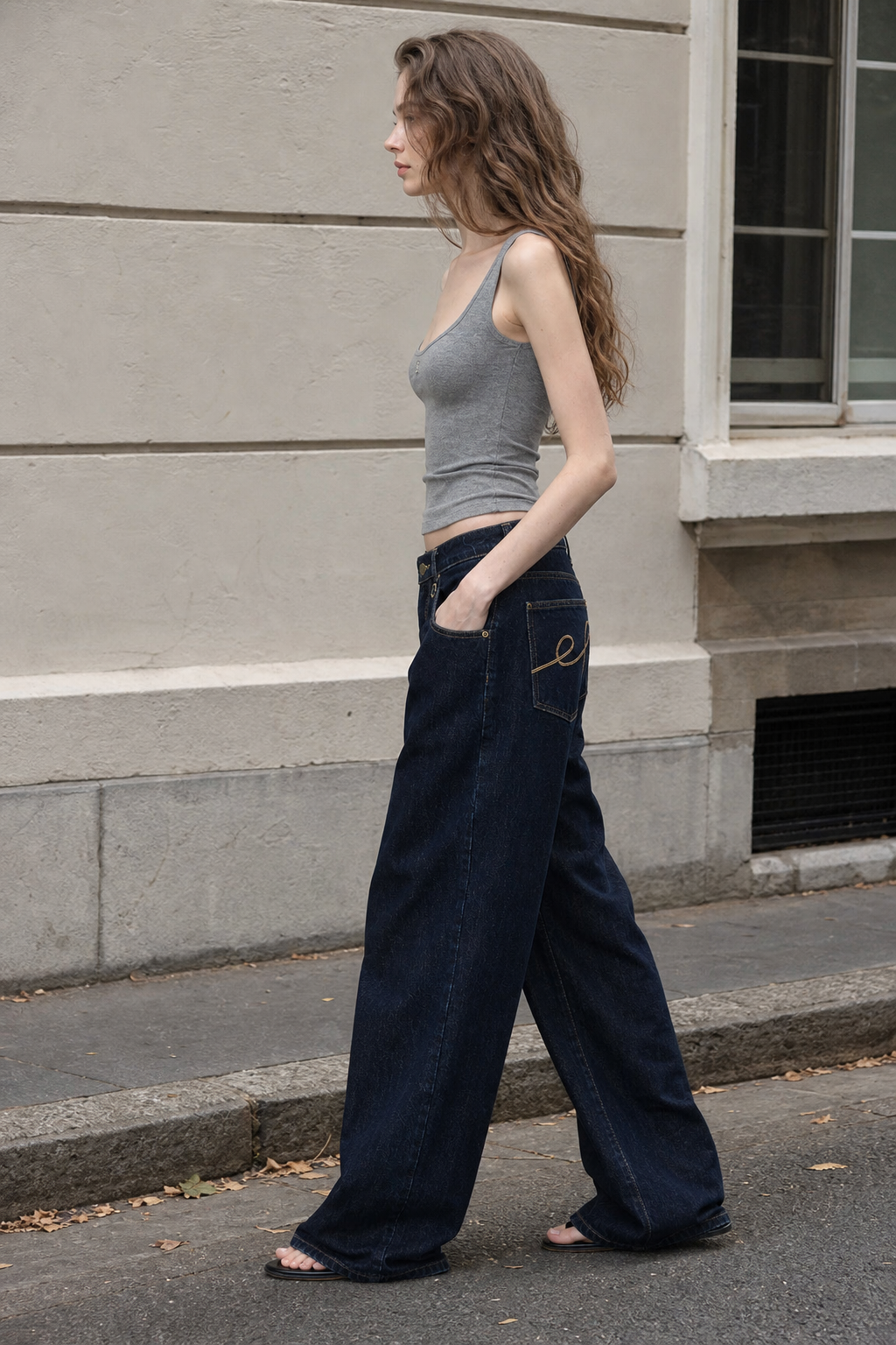 Dark Blue Raw Denim Wide-Leg Jeans showcase 4