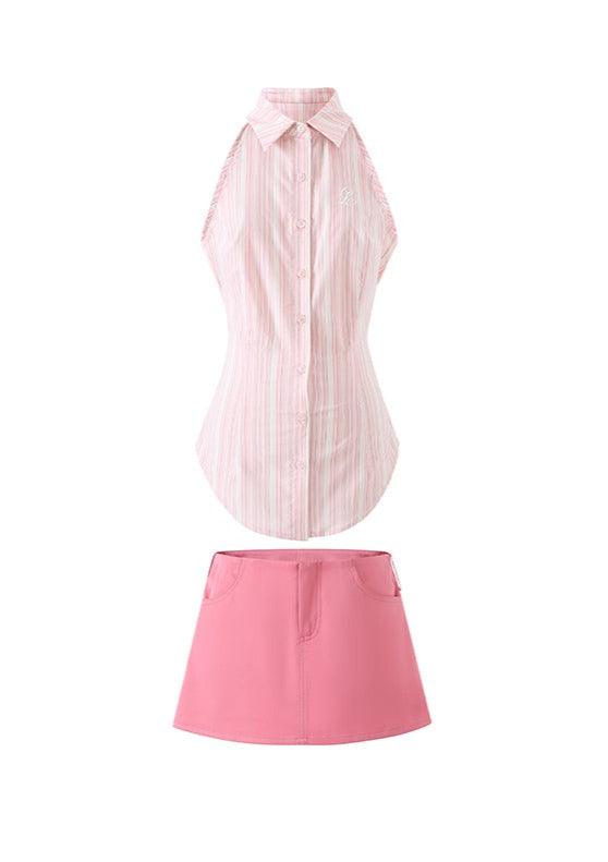 Adjustable Off-Shoulder Pink Striped Vest & Low Waisted Skirt