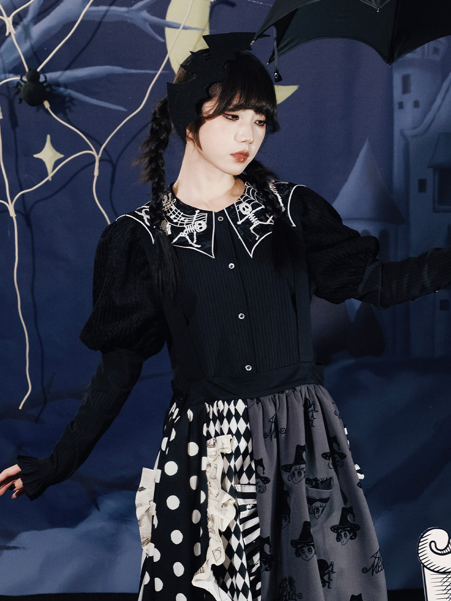 Dancing Skeleton Collar Ribbed Blouse