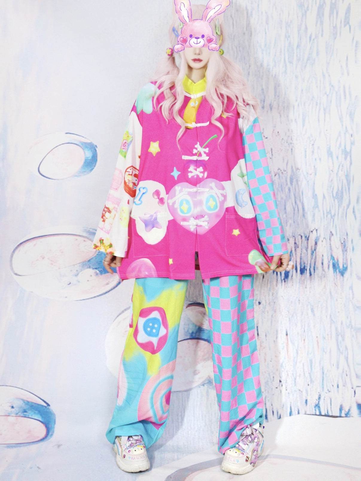 Checkered Sleeve Pink Skull Toggle Shirt