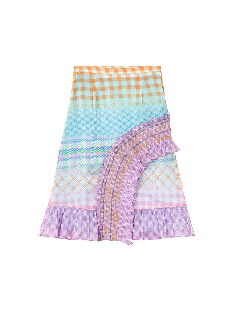 Pastel Plaid Ruffle Asymmetric Midi Skirt