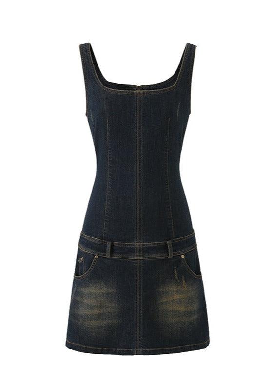 Retro Washed Square Collar Cinched Waist Denim Dress