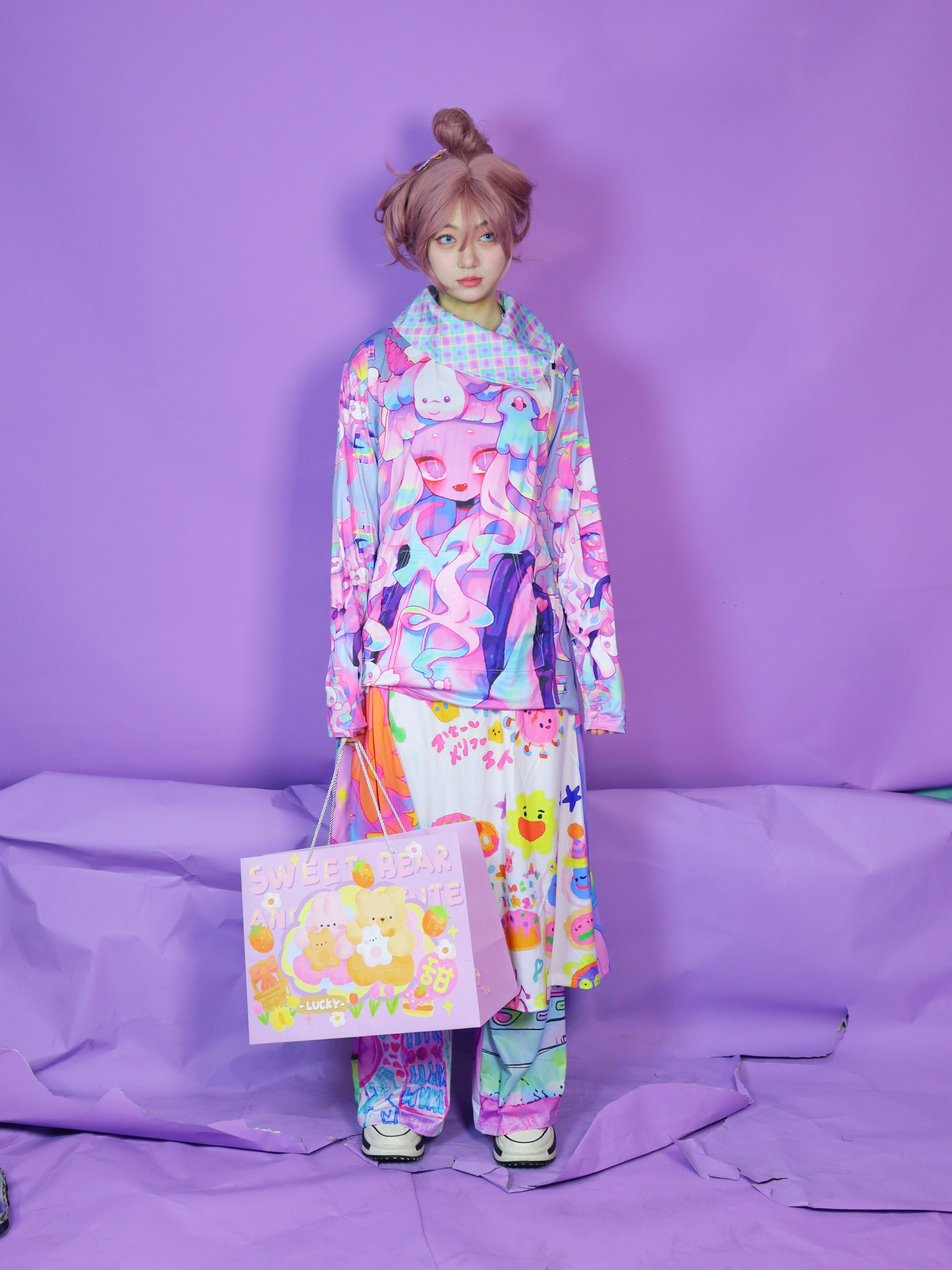 Kawaii Print Mesh Collar Sweatshirt