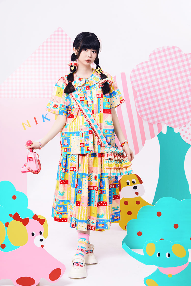 Colorful Patchwork Peter Pan Collar Blouse