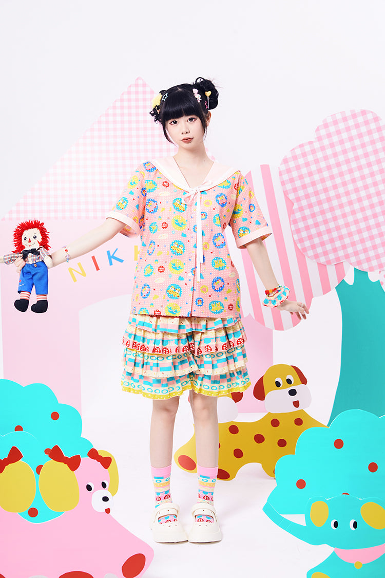 Pink Floral Sailor Collar Short Blouse