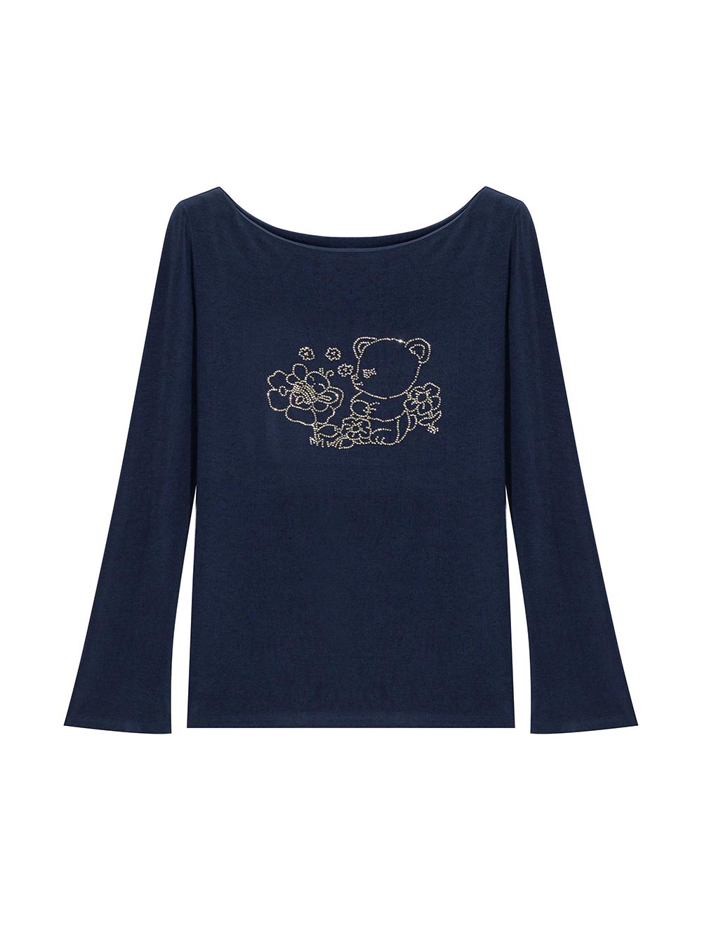 Rhinestone Bear Navy Bell Sleeve Top