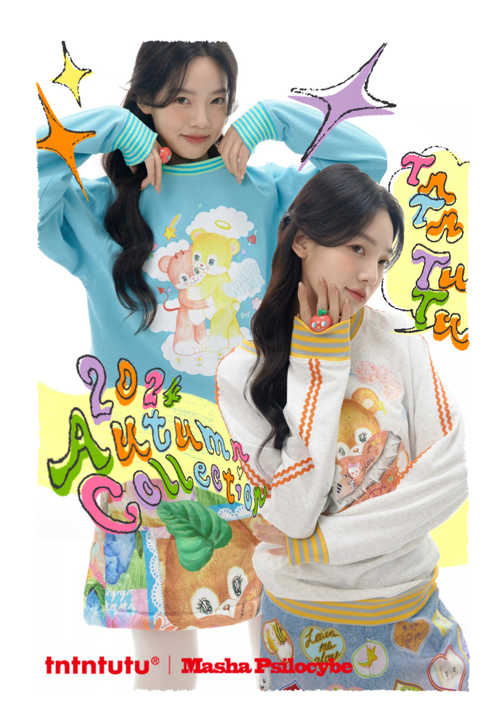 Angel Bear Print Striped Trim Sweatshirt