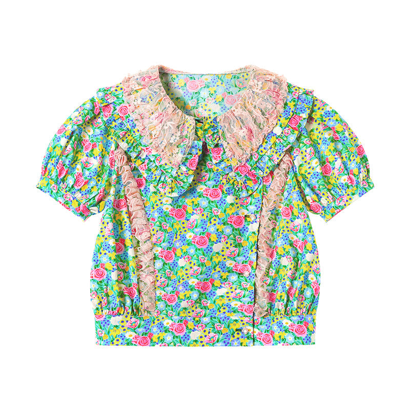 Floral Lace Collar Puff Sleeve Top