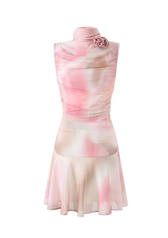 Pink Gauze Printed Floral Turtleneck Wrap Tank Dress