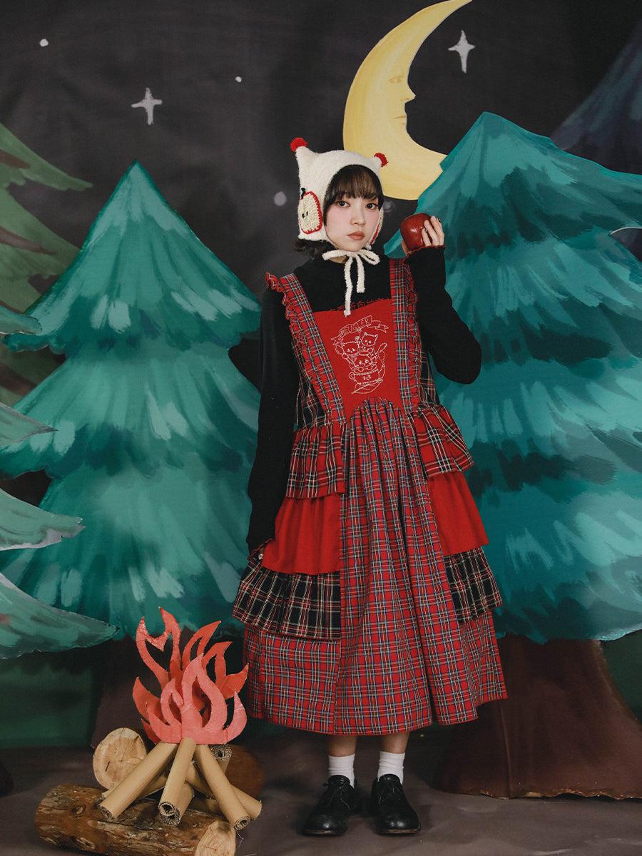 Red Plaid Tiered Pinafore Dress