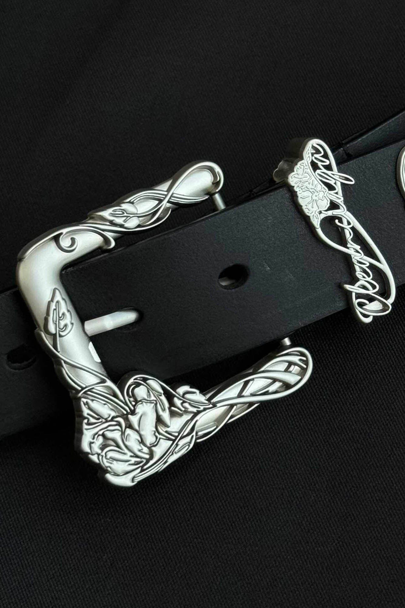 Ornate Silver Buckle Leather Belt