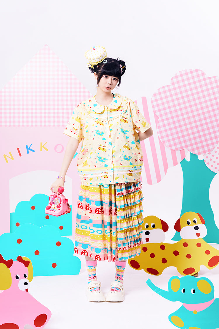 Pastel Mushroom Print Tiered Midi Skirt