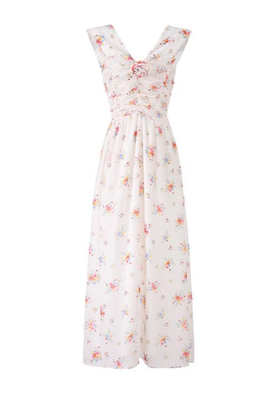 Retro Sleeveless Floral Pleating Wrap Dress