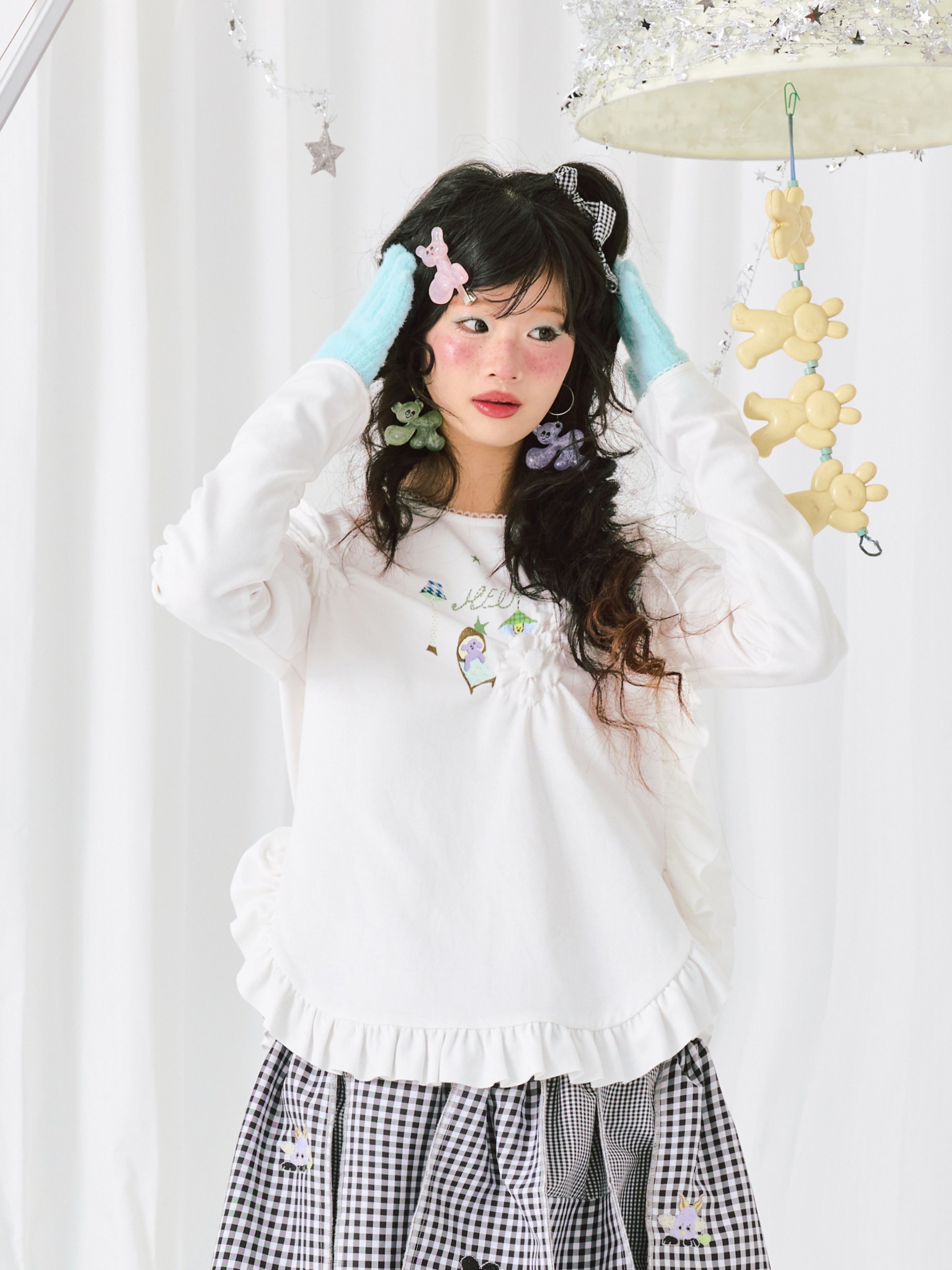 White Embroidered Ruffle Trim Long Sleeve