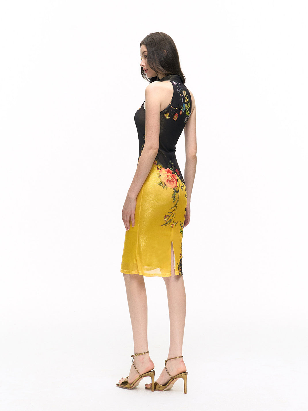 Gold Foil Halter Slim-Fit Dress