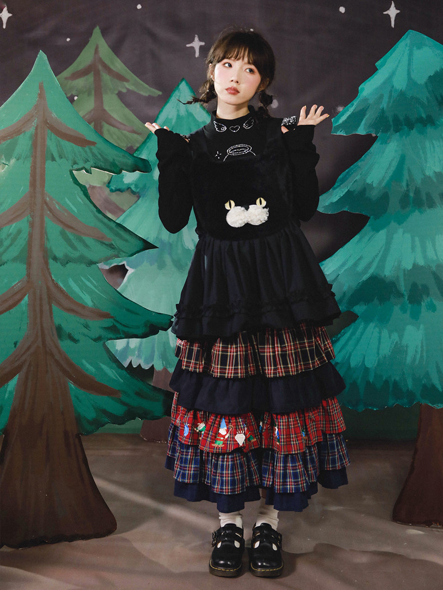 Plaid Gnome Print Tiered Ruffle Skirt