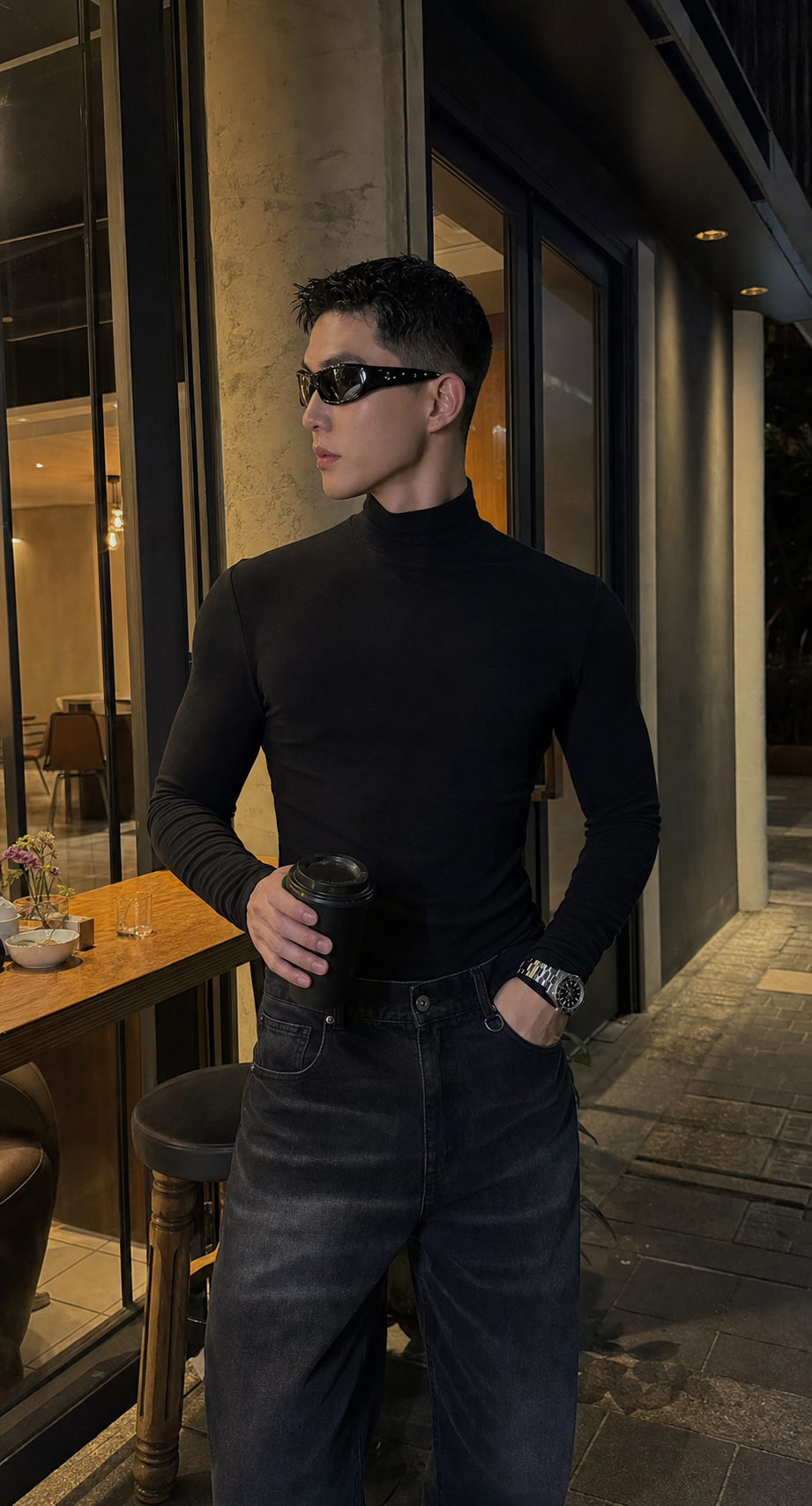 Black Mock Neck Long Sleeve Fitted Top showcase 5