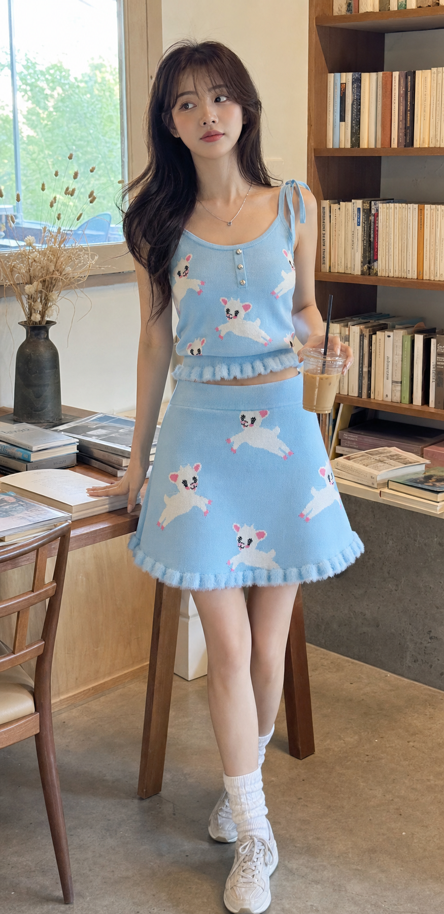 Lamb Print Knit Tank Top and Skirt Set showcase 5