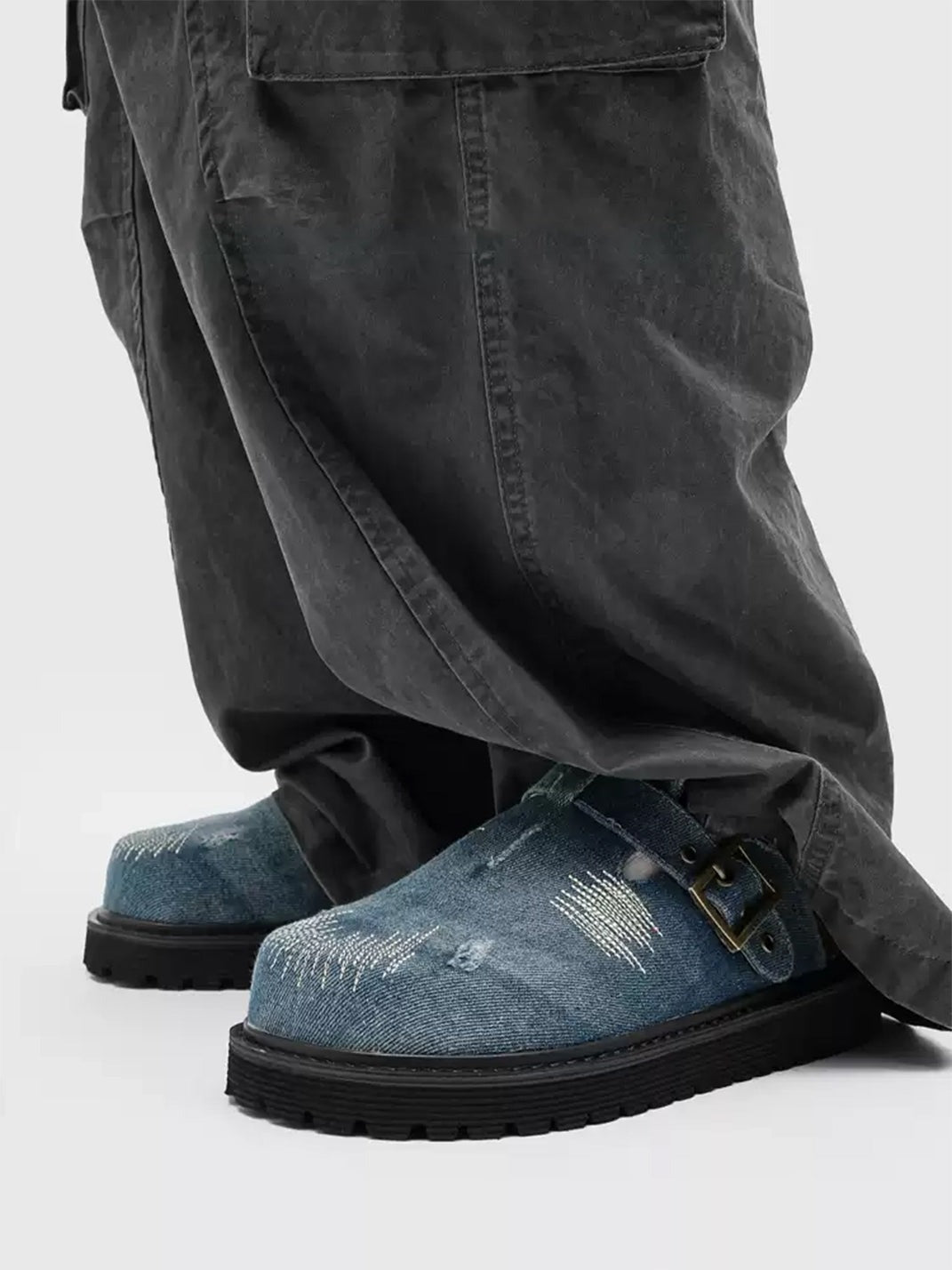 Distressed Denim Stitch Detail Buckle Strap Platform Mule Clogs image 5