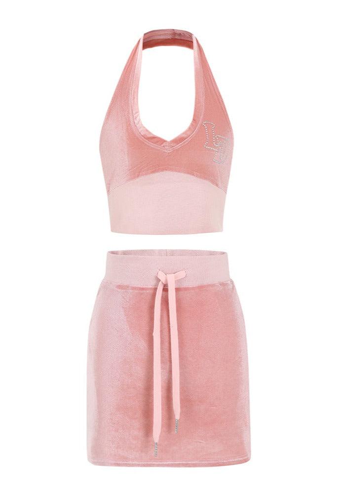 Velvet Halter Tank Top & Skirt Sports Two-Piece Set