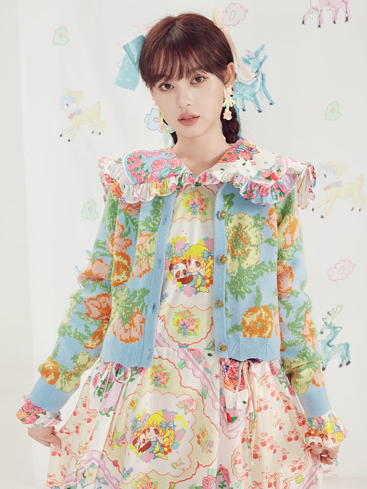 Blue Floral Knit Cropped Cardigan
